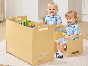Montessori Toddler Table and Chair Set | Adjustable Wooden Activity Table & 2 Chairs for Kids | Reading, Eating & Learning