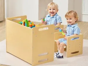 Montessori Toddler Table and Chair Set | Adjustable Wooden Activity Table & 2 Chairs for Kids | Reading, Eating & Learning