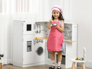 Corner Play Kitchen Set With Sound Effects And Tons Of Countertop Space, Large Wooden Kitchen With Washing Machine, Food Toys, Ice Maker, Kids Kitchen, Ages 3-6, White