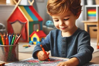 Printable Worksheets , A young child sitting at a table, happily coloring a detailed coloring page with crayons. The child has a focused expression, and the background featu, The Best Coloring Books for Preschoolers
