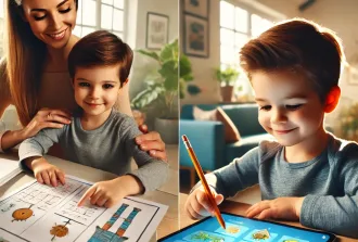 A parent and a young child sitting at a table, working on a printable worksheet together. The child is holding a pencil, while the parent is guidin