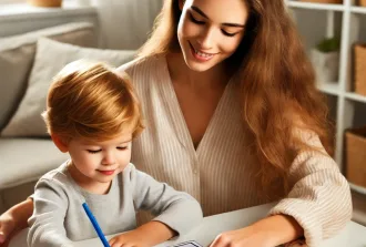 A parent and a young child sitting at a table, engaging in a Montessori-inspired learning activity using printable coloring pages.